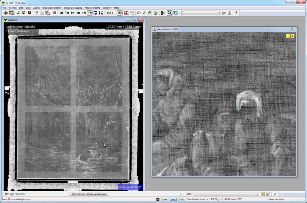 Screenshot evaluation of the X-ray scan of a painting